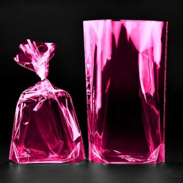 Imagem de SIPRKAICT Sacos de celofane rosa choque com gravatas, 15 x 23 cm, 100 peças, sacos plásticos de presente de violoncelo para doces, biscoitos, brindes de festa