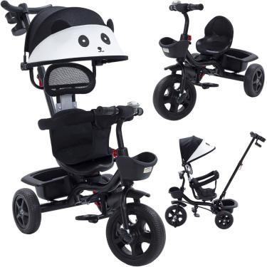 Imagem de Triciclo Infantil Empurrador 2 em 1 Carrinho de Passeio Bebê Capota 50kg Guia Auxiliar Cesto Rodas Preto