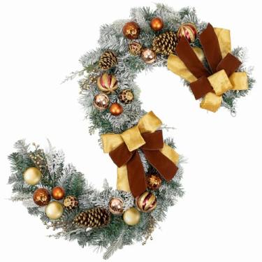 Imagem de Guirlanda de Natal para porta da frente, guirlanda artificial de inverno de 1,8 m com pinhas, cachos de bagas, enfeites de bola de bronze e fitas para decoração de Natal de Ação de Graças