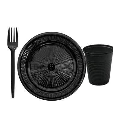 Imagem de Kit 300 Peças Descartáveis para Festa com 100 Copos 200ml + 100 Pratos 15cm + 100 Garfos 12cm | Ideal para Eventos, Aniversários, Churrascos e Refeições Coletivas (Preto)