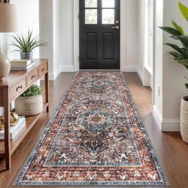 Imagem de KOZYFLY Tapete de área 1,5 x 2,3 m lavável boho corredor para entrada corredor interior impresso oriental tapete de lã sintética para cozinha quarto hall, vermelho tijolo/laranja/verde