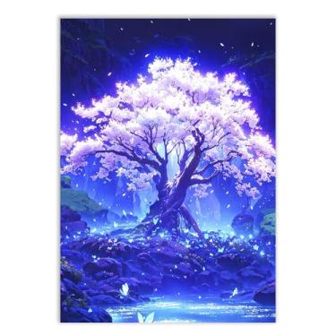 Imagem de Placa Decorativa Arvore Cerejeira Iluminada Ilustração Anime Decoração Poster Quarto Sala