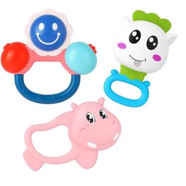 Imagem de Kit com 3 Mordedor Com Chocalho Para Bebê – Plástico Resistente e Seguro – Cores Variadas – Estimula Coordenação Motora e Audição – Brinquedo Sensorial Educativo – MJ BRANDS