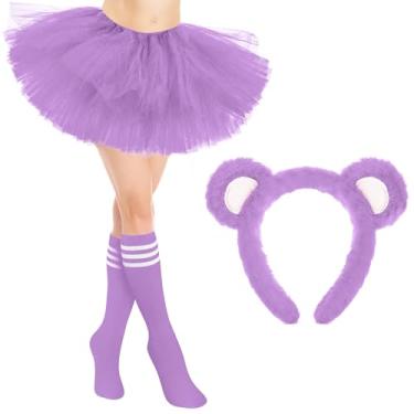 Imagem de Toulite Fantasia de urso de Halloween, 5 camadas, saia tutu de tule, listrada, meias até o joelho, orelhas de urso, faixa de cabeça para mulheres cosplay, Roxo claro, M
