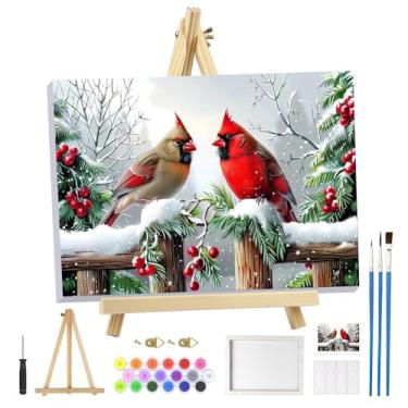 Imagem de MOGTAA Kit de pintura de Natal por números para adultos iniciantes com moldura, kits de pintura por números cardeal de inverno em tela com cavalete, kits de pintura a óleo DIY fáceis para decoração de
