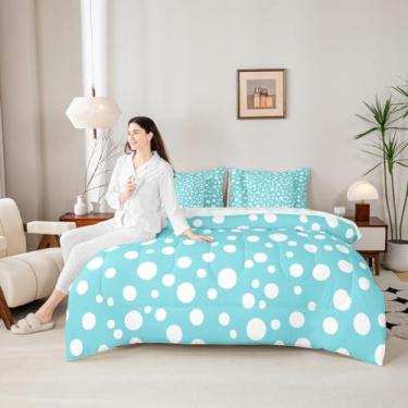 Imagem de Manfei Conjunto de cama casal de bolinhas brancas, círculos geométricos brancos azul-petróleo chique, estilo francês, estampa de bolinhas fofas, 7 peças (edredom + lençol de cima + fronha + fronha)