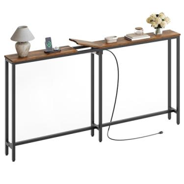 Imagem de YATINEY Mesa de console estreita, mesa de sofá fina de 180 cm, mesa de entrada pequena com tomadas, mesa de corredor moderna para sala de estar, entrada, marrom rústico e preto CT15UBR