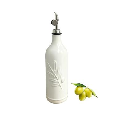 Imagem de Lurockie Garrafa dispensadora de azeite de oliva de cerâmica de 590 ml, com bico e funil de aço inoxidável, ideal para óleo, vinagre, xarope de café e líquidos (branca)