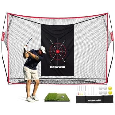 Imagem de Rede de Treino de Golfe Bearwill 3x2m com Tapete, Alvo, 8 Tees, 6 Bolas e Bolsa - Completo para Prática e Transporte.