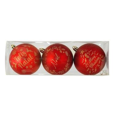 Imagem de Kit 3 Bolas Natal Vermelho Fosco Decoradas Mensagens Dourado 8cm - Magizi