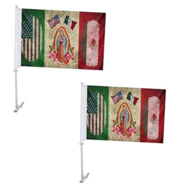 Imagem de Pacote com 2 bandeiras de carro mexicanas Our Lady Virgen De Guadalupe 28 x 43 cm com suporte de mastro, bandeira de carro virgem maria de nylon premium 220D 3PLY, suporte de clipe de janela fixa para