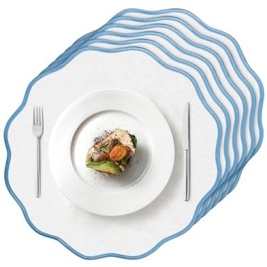 Imagem de Conjunto de 6 jogos americanos de linho recortado, 38 cm, azul e branco, tapetes de mesa de linho de algodão, feitos à mão, lavável à máquina, sem vincos, para hotel, restaurante, cozinha