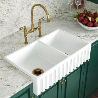 Imagem de Cuba Cozinha Farm Sink Dupla Romana 77 Cm Estilo Fazenda Avental