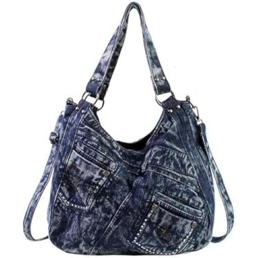 Imagem de Jeans lavado feminino bolsa de ombro jeans transversal bolsa mensageiro bolsa estilo vintage bolsa casual, Azul escuro