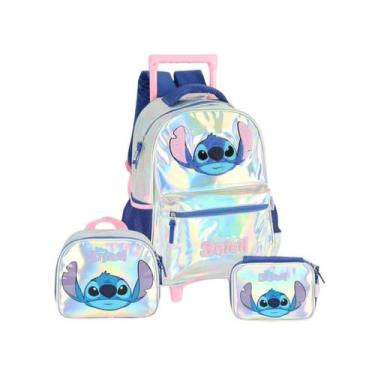 Imagem de Kit Mochila Stitch Rodinhas Holográfico Lancheira Estojo Box, Prata