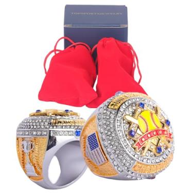 Imagem de Pacote com 2 peças de anel de troféu de campeonato de softball, presente de prêmio para palyers do time campeão de torneios troféu na lateral tamanho 9,5 (2 peças de anéis genéricos de campeões de