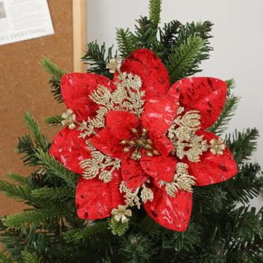 Imagem de 2 peças de tecido de poinsétia com glitter artificial de Natal grande, flor, cabeça floral sintética, árvore de Natal, decoração faça você mesmo, enfeite de guirlanda, decoração de casa, vermelho, 18