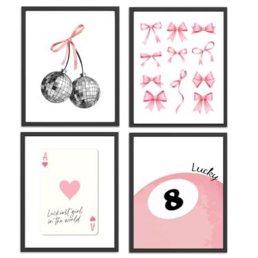 Imagem de Pink Coquette Trendy Preppy Wall Art Prints Conjunto de 4, Decoração de Quarto Preppy Estética, Decoração de Quarto Coquette, Rosa Bonito Feminino Sorte 8 Bola Cereja Decoração de Parede Cartazes