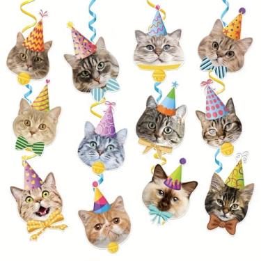 Imagem de Decorações de festa de aniversário de gato, 12 peças de papel em espiral com recortes de rosto de gato com chapéus de festa para cabines de fotos, eventos internos em casa, pingente de gato