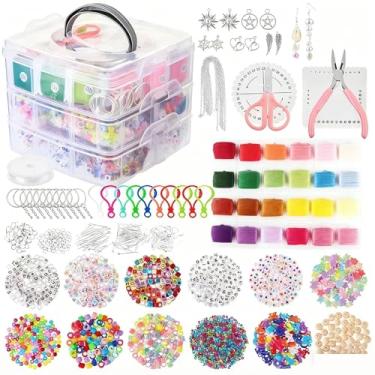 Imagem de ​​Miçangas Para Montar Pulseiras Artesanato 4655 Peças de DIY, Conjunto Completo de Pulseiras e Colares com Pingentes e Acessórios, Inclui Caixa Portátil de Três Camadas, Linha de Algodão de 24 Cores, Contas com Letras e Ferramentas, Presente para Entusiastas de Artesanato