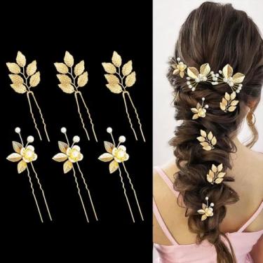 Imagem de 6 peças de alfinetes de cabelo de folha dourada com cristais, pérolas, strass, acessório de cabelo para casamento, acessórios de cabelo vintage para noivas, damas de honra e meninas de flores