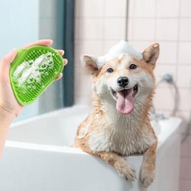 Imagem de Escova de cuidados para cães, pente de banho para animais de estimação com alça de anel ajustável, cães e gatos de pelo curto seco molhado (verde)