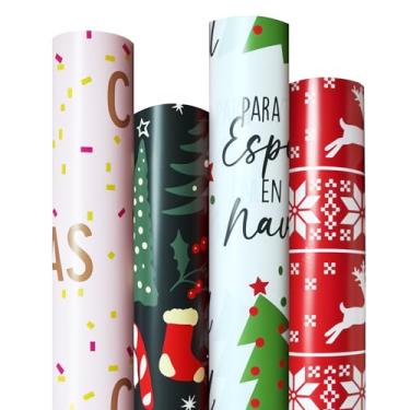 Imagem de 4 rolos de papel de embrulho de Natal, 76 cm x 45 pés por rolo, totalizando 148 pés quadrados – Rena, árvore, floco de neve e desenhos de letras rosa, embrulho de presente ecológico e durável para