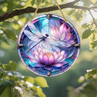 Imagem de Acrílico colorido Suncatcher, libélula vitral lótus 18 cm janela suspensa decoração de parede com design estilo vitral impresso, ideia de presente e ornamento de jardim, uso interno e externo