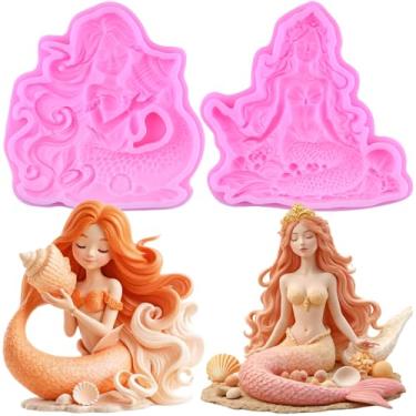 Imagem de MIYAHOUSE Moldes de fondant de sereia moldes de silicone para decoração de bolos, topo de cupcake, pasta de goma de chocolate, argila de polímero, conjunto de 2