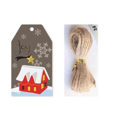 Imagem de 50 etiquetas de presente de papel de Natal com cordas, etiquetas de presente de papel de feliz Natal de 6,9 cm x 4,1 cm, etiquetas de presente com corda para lembrancinhas de festa, sacos de