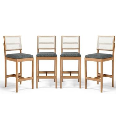 Imagem de Kit Com 4 Banquetas Milena Madeira Maciça Assento Estofado Encosto De Tela Sintética Linho Chumbo 406