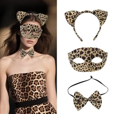 Imagem de Conjunto de meia máscara de cabelo com estampa de leopardo de Halloween, decorações de festa de baile de máscaras, Estampa de leopardo, One Size