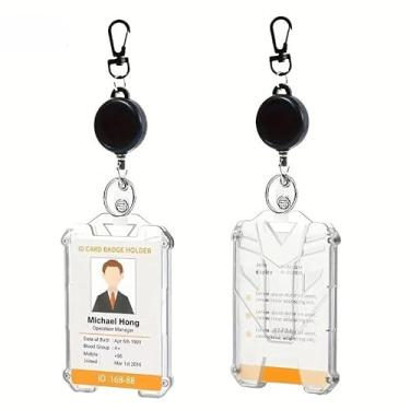 Imagem de Suporte de cartão extensível de plástico durável com porta-identidade – Design elegante para uso no escritório e ao ar livre, clipe retrátil, esquema de cores preto e laranja, suporte de identificação