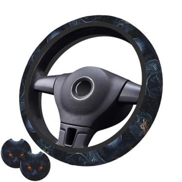 Imagem de Capa de volante boêmio preto gato e flores com 2 porta-copos de carro antiderrapante neoprene para mulheres e homens, conjunto universal de 38 cm elegante e prático