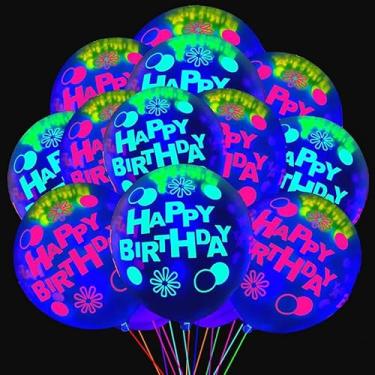 Imagem de 10 balões neon que brilham em raios UV, artigos de festa, feliz aniversário, balões fluorescentes de látex que brilham no escuro para suprimentos de festa de néon, 30,5 cm (preto, estilo 2)