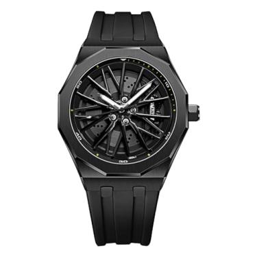 Imagem de Gosasa Relógio masculino moderno com design de roda de corrida criativo 3D giratório com roda de carro, relógio de quartzo luminoso, à prova d'água, 30 m, à prova d'água, com pulseira de borracha