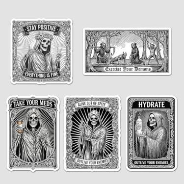 Imagem de Pacote de adesivos de esqueleto gótico, 5 peças, humor negro, citações engraçadas, fique positivo, tome seus remédios, hidrate outlive inimigos, autocuidado, decalques de vinil à prova d'água para