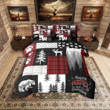 Imagem de Erosebridal Conjunto de edredom casal, 7 peças, rústica, urso, veado, caça, vida selvagem, acampamento, trailer, patchwork, vermelho e preto, xadrez em uma bolsa (lençol com elástico + lençol de cima)