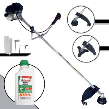 Imagem de Roçadeira Aparador de Grama À Gasolina Toyama RT43LB25A 43cc 1,7HP de Alta Performance Completa Com Carretel Nylon + Lâmina 3 Pontas + ÓLEO STIHL 2T