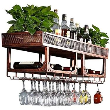 Imagem de Organizador de cozinha Suporte de parede de metal vintage de camada dupla suporte de garrafa de vinho | Suporte de vidro de vinho rústico para pendurar na parede para refrigerador de vinho Win