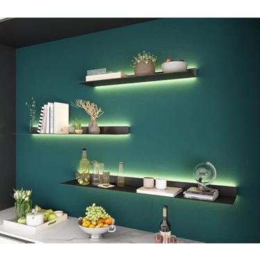 Imagem de Prateleiras montadas na parede de aço inoxidável com luz quente de LED, prateleiras flutuantes de luz de parede preto/branco/dourado, suporte de exibição iluminado de metal para uso em várias faixas