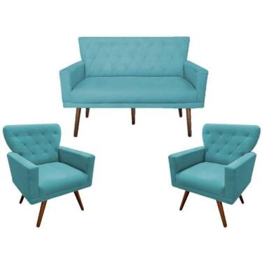 Imagem de Kit Namoradeira + 2 Poltronas Decorativa Aurora Suede Azul Turquesa Pé