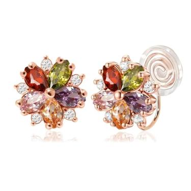 Imagem de Brincos de pressão para mulheres, flor de zircônia cúbica, banhado a ouro rosa 14K, joias para presentes (com caixa de presente) para mulheres (coloridos)