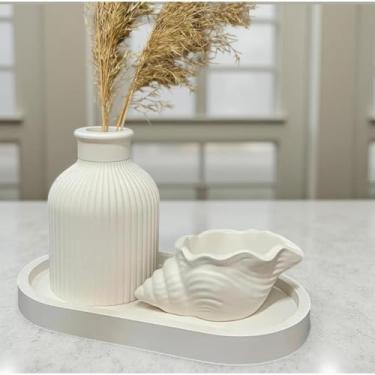 Imagem de Bandeja Decorativa Artesanal em Concreto Celular - Formato Oval, Multiuso para Mesa/Banheiro/Cozinha (Antimanchas e Resistente à Umidade)(Kit Band.18CM+ Concha+Vaso)