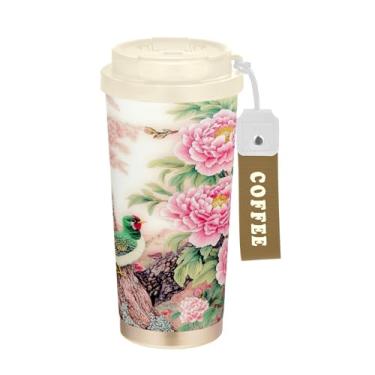 Imagem de SEHANY Caneca de viagem de pássaro colorida de 482 g Copos de café reutilizáveis revestidos de cerâmica com tampa à prova de vazamento, parede dupla, copo de café de aço inoxidável isolado a vácuo