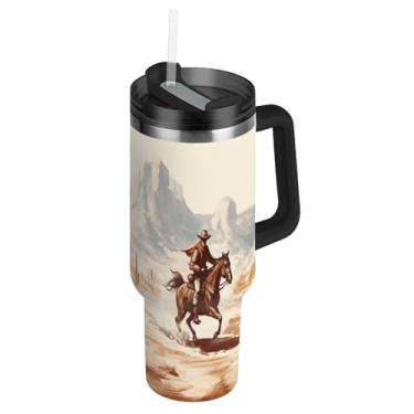 Imagem de Blueangle Copo caubói americano de 850 g com alça e tampa de palha, caneca de viagem de aço inoxidável isolada a vácuo de parede dupla, garrafa de água reutilizável para academia de escritório ao ar