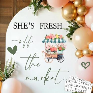 Imagem de Adesivo de decoração de festa para chá de panela com nome personalizado Fresh Off The Market para pano de fundo, noivado, placa de despedida de solteira para arco de balão, floral, nupcial