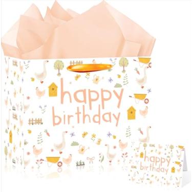 Imagem de Cut-Nic Saco de presente de aniversário de galinha de fazenda, sacos de presente grandes de 30 cm com papel de embrulho e cartão comemorativo para suprimentos de festa com tema de frango da fazenda