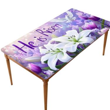 Imagem de Toalha de mesa retangular com borda elástica, flor de Páscoa He Is Risen, toalha de mesa dobrável para piquenique ao ar livre para mesas de 1,8 m, impermeável à prova de óleo, para cozinha, jantar, 76