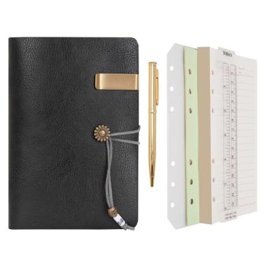 Imagem de WONDERPOOL Caderno e caneta de papel forrado de couro – fichário recarregável com 6 anéis para escrever diário em espiral com blocos de notas pautados, capa vintage para escritório, viagens, trabalho